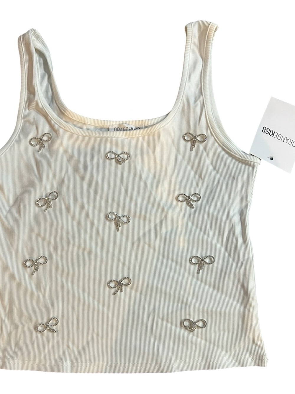 Embellished Ribbed Tank Top with Bow Motifs - white